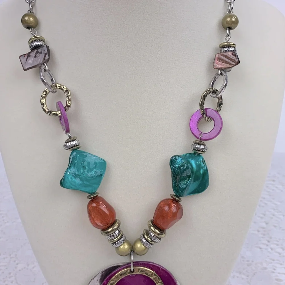 Statement Necklace Silver Chain Multicolor beads and metal pendants Adjustable